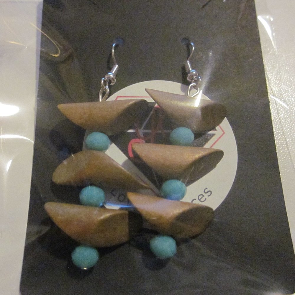 Wood & Blue Dangle Earrings